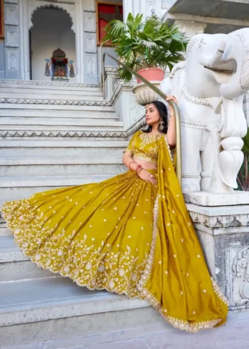 Mustard Color Vichitra Silk Sequins & Thread Embroidered Lehenga for Haldi