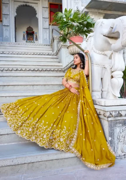 Mustard Color Vichitra Silk Sequins & Thread Embroidered Lehenga for Haldi