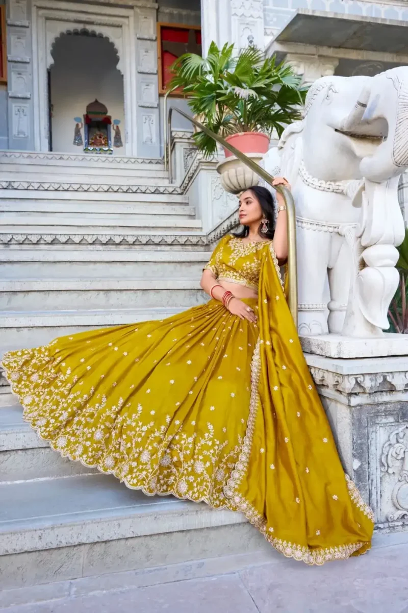 Mustard Color Vichitra Silk Sequins & Thread Embroidered Lehenga for Haldi