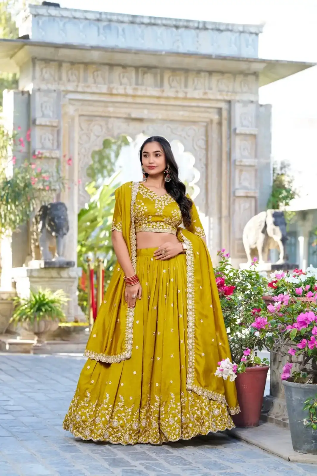 Mustard Color Vichitra Silk Sequins & Thread Embroidered Lehenga for Haldi