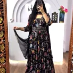 Navy Blue Chinon Digital Print & Embroidery Work Partywear Gown