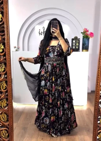 Navy Blue Chinon Digital Print & Embroidery Work Partywear Gown