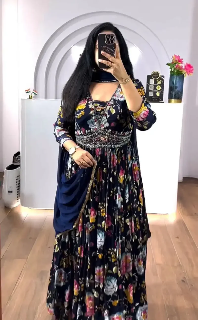 Navy Blue Chinon Digital Print & Embroidery Work Partywear Gown