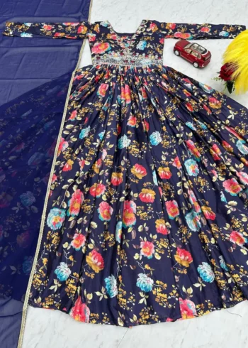 Navy Blue Chinon Digital Print & Embroidery Work Partywear Gown