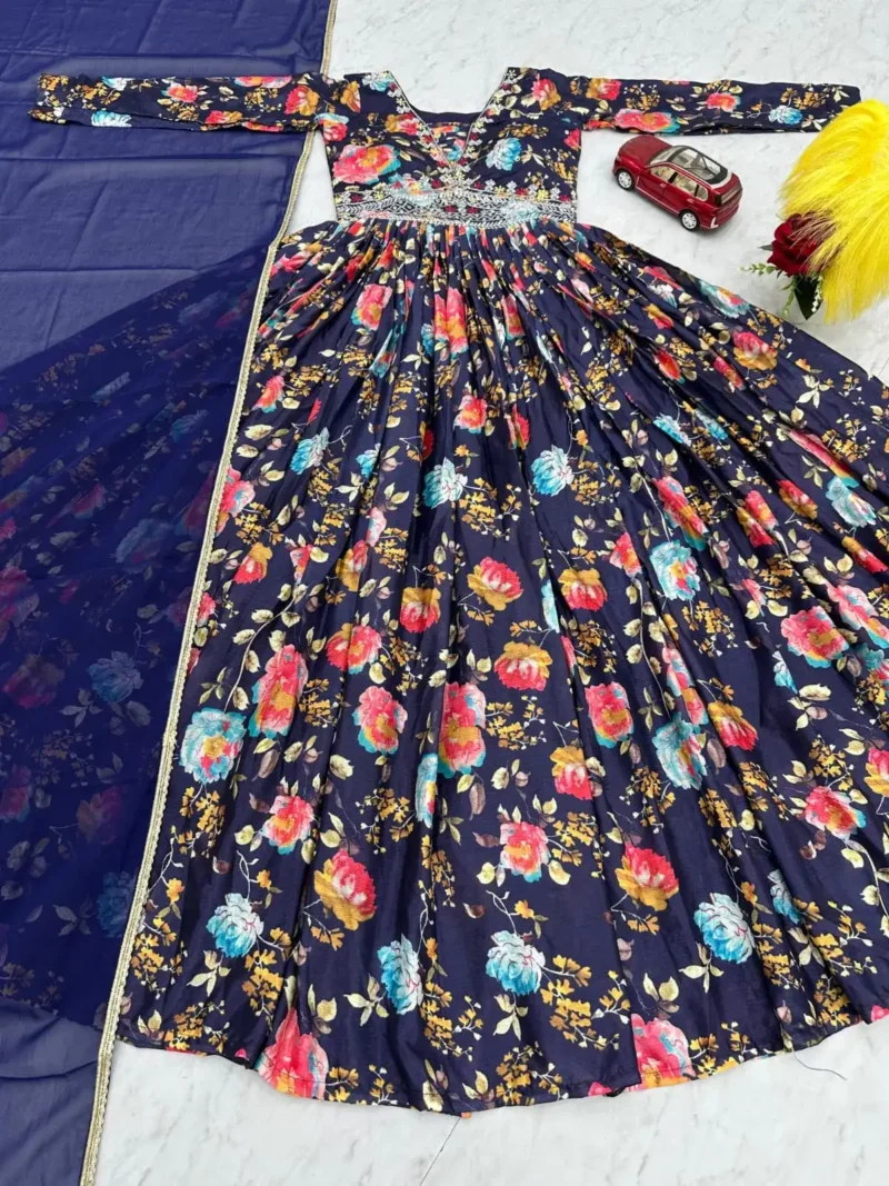 Navy Blue Chinon Digital Print & Embroidery Work Partywear Gown