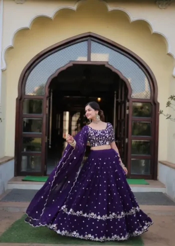 Navy Blue Faux Blooming Georgette Lehenga with Sequins Embroidery