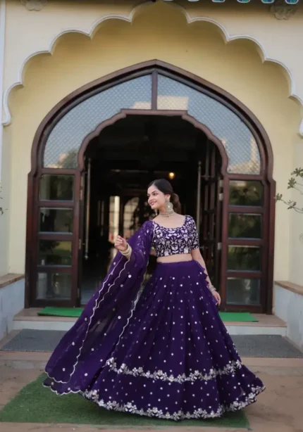 Navy Blue Faux Blooming Georgette Lehenga with Sequins Embroidery