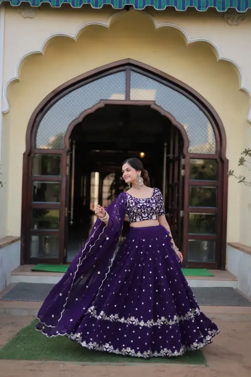 Navy Blue Faux Blooming Georgette Lehenga with Sequins Embroidery