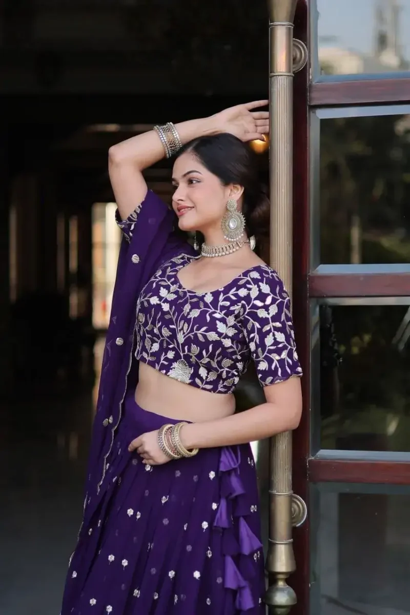 Navy Blue Faux Blooming Georgette Lehenga with Sequins Embroidery