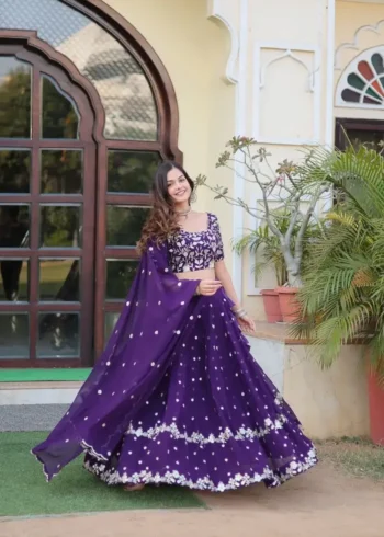 Navy Blue Faux Blooming Georgette Lehenga with Sequins Embroidery