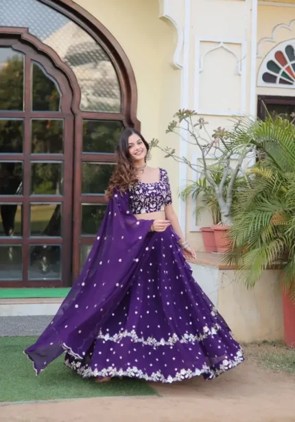 Navy Blue Faux Blooming Georgette Lehenga with Sequins Embroidery