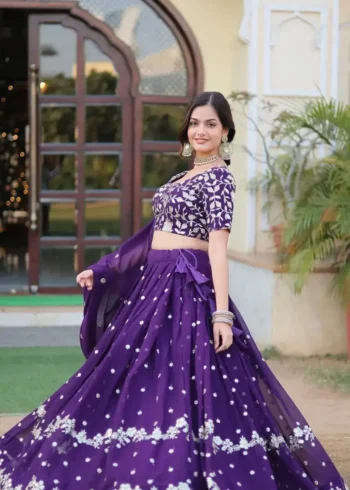 Navy Blue Faux Blooming Georgette Lehenga with Sequins Embroidery
