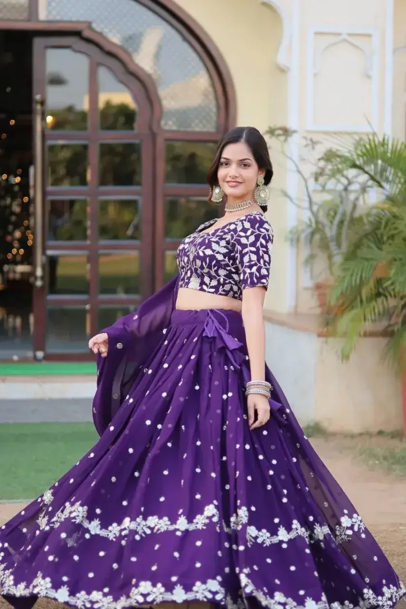 Navy Blue Faux Blooming Georgette Lehenga with Sequins Embroidery