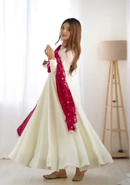 Off White Color Soft Vichitra Silk Anarkali Gown suit