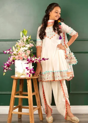 Off White Real Mirror Work Dhoti Salwar Suit for Kids Girls