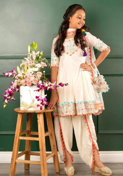 Off White Real Mirror Work Dhoti Salwar Suit for Kids Girls