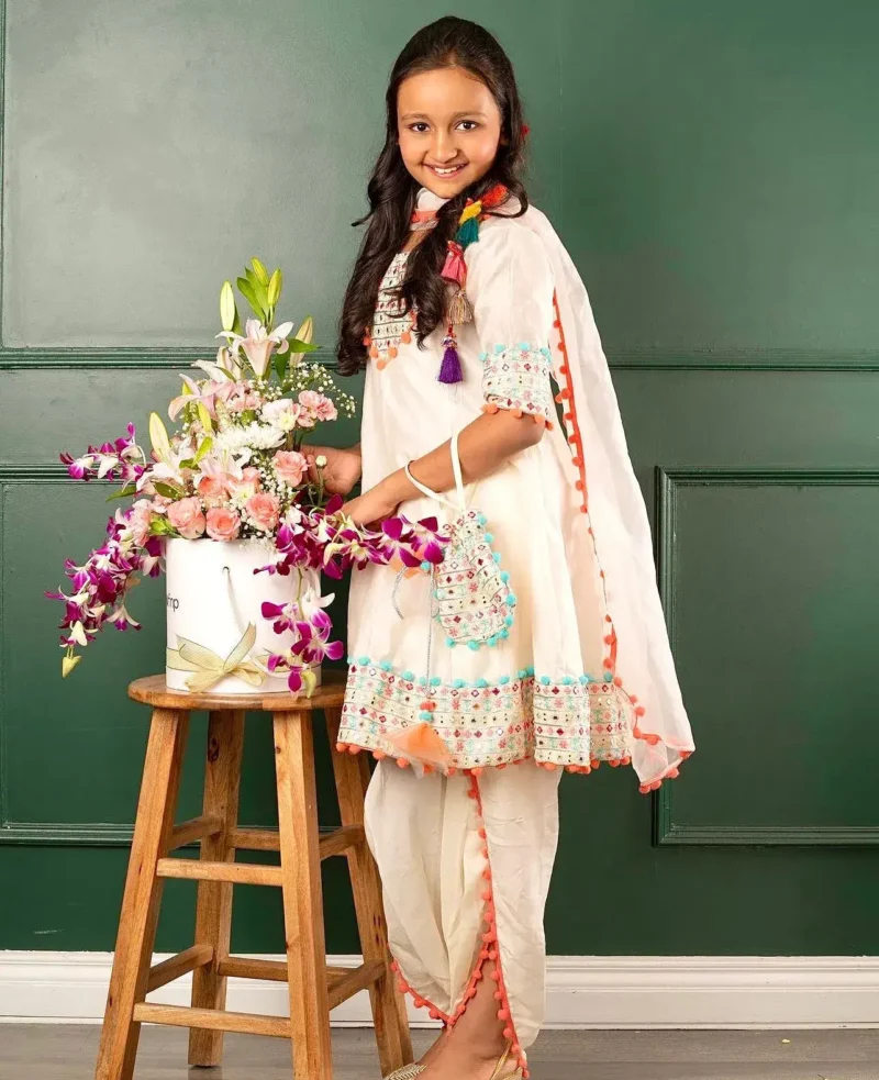 Off White Real Mirror Work Dhoti Salwar Suit for Kids Girls