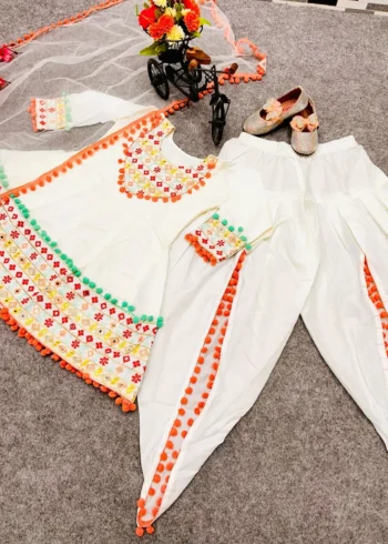 Off White Real Mirror Work Dhoti Salwar Suit for Kids Girls