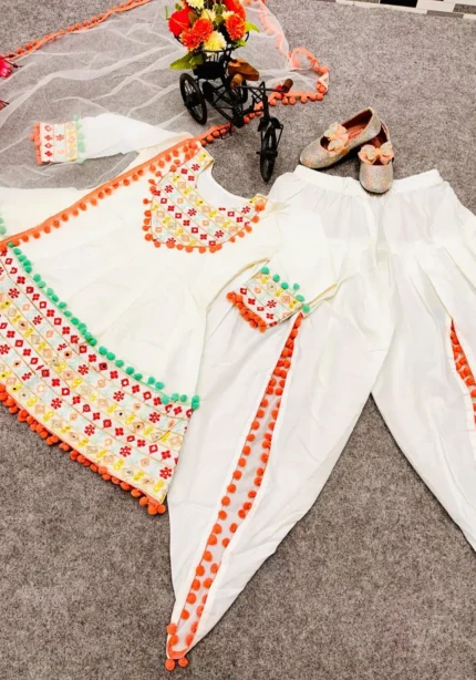 Off White Real Mirror Work Dhoti Salwar Suit for Kids Girls