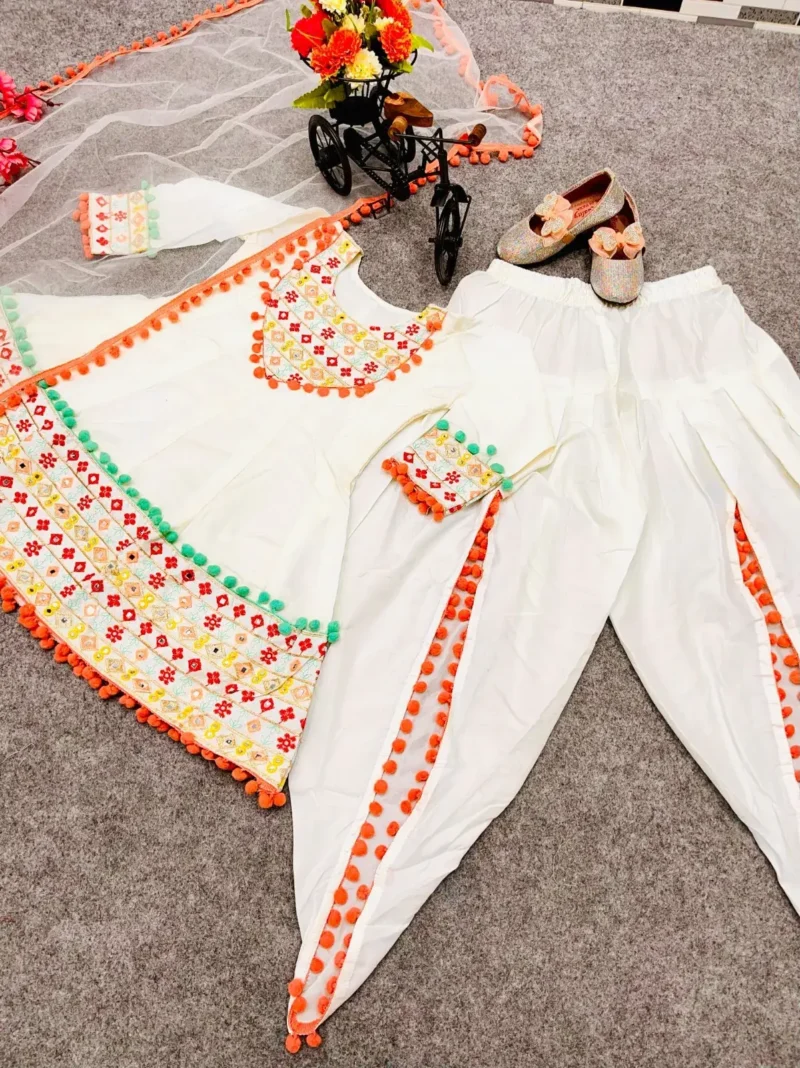 Off White Real Mirror Work Dhoti Salwar Suit for Kids Girls