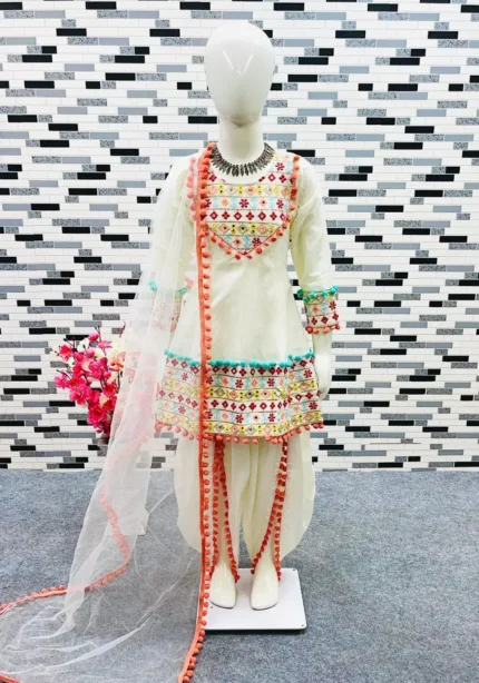 Off White Real Mirror Work Dhoti Salwar Suit for Kids Girls