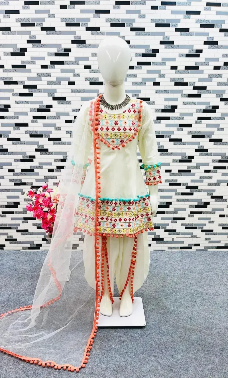 Off White Real Mirror Work Dhoti Salwar Suit for Kids Girls