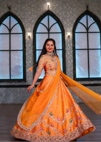 Orange Color Chinon Embroidery Thread & Sequence Work Rajputana Rajwadi Lehenga Choli