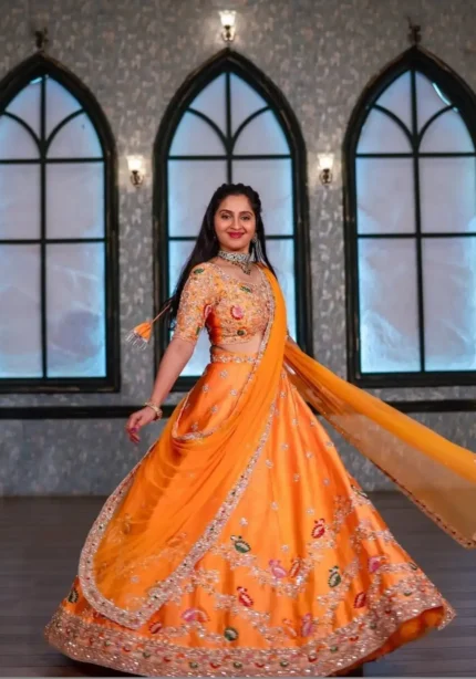 Orange Color Chinon Embroidery Thread & Sequence Work Rajputana Rajwadi Lehenga Choli