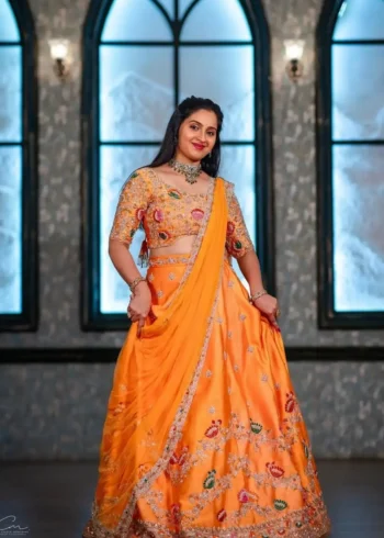 Orange Color Chinon Embroidery Thread & Sequence Work Rajputana Rajwadi Lehenga Choli