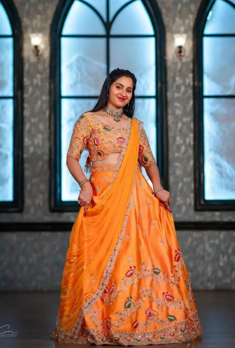 Orange Color Chinon Embroidery Thread & Sequence Work Rajputana Rajwadi Lehenga Choli