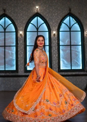 Orange Color Chinon Embroidery Thread & Sequence Work Rajputana Rajwadi Lehenga Choli