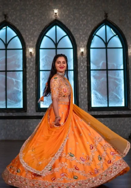 Orange Color Chinon Embroidery Thread & Sequence Work Rajputana Rajwadi Lehenga Choli