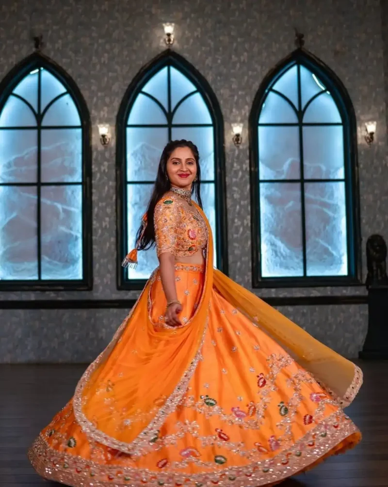 Orange Color Chinon Embroidery Thread & Sequence Work Rajputana Rajwadi Lehenga Choli