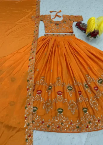 Orange Color Chinon Embroidery Thread & Sequence Work Rajputana Rajwadi Lehenga Choli