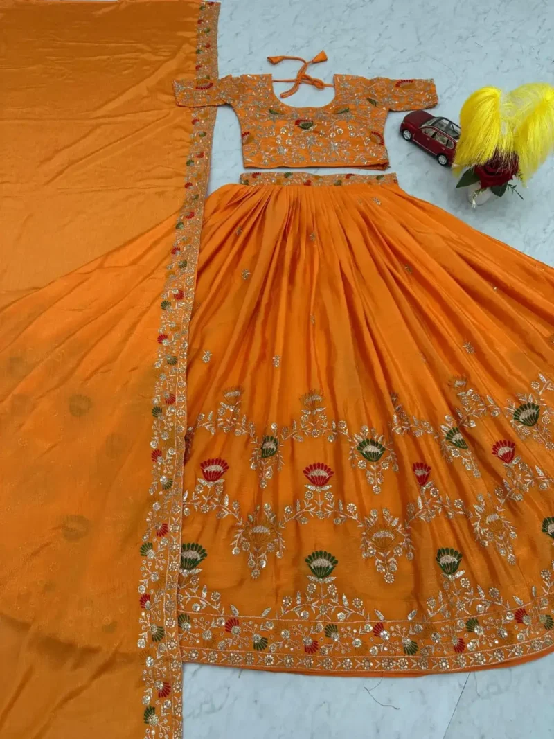Orange Color Chinon Embroidery Thread & Sequence Work Rajputana Rajwadi Lehenga Choli
