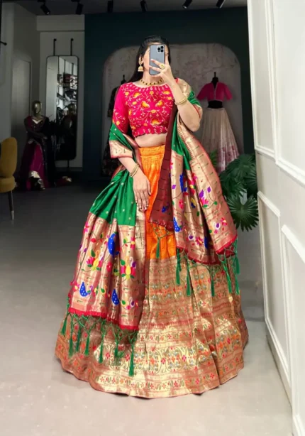 Orange Colour Maharashtrian Style Jacquard Paithani Lehenga Choli