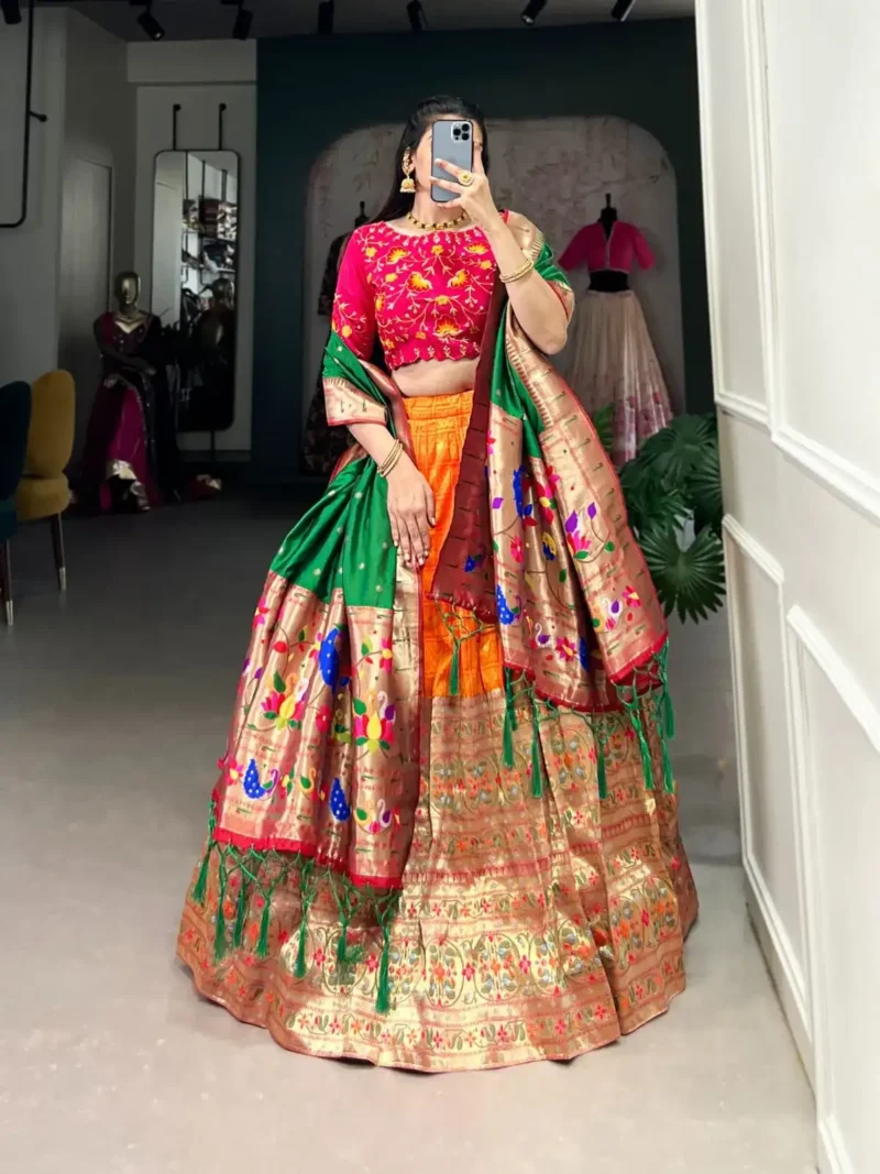 Orange Colour Maharashtrian Style Jacquard Paithani Lehenga Choli