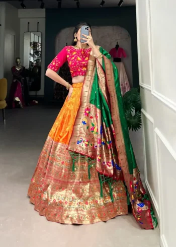 Orange Colour Maharashtrian Style Jacquard Paithani Lehenga Choli
