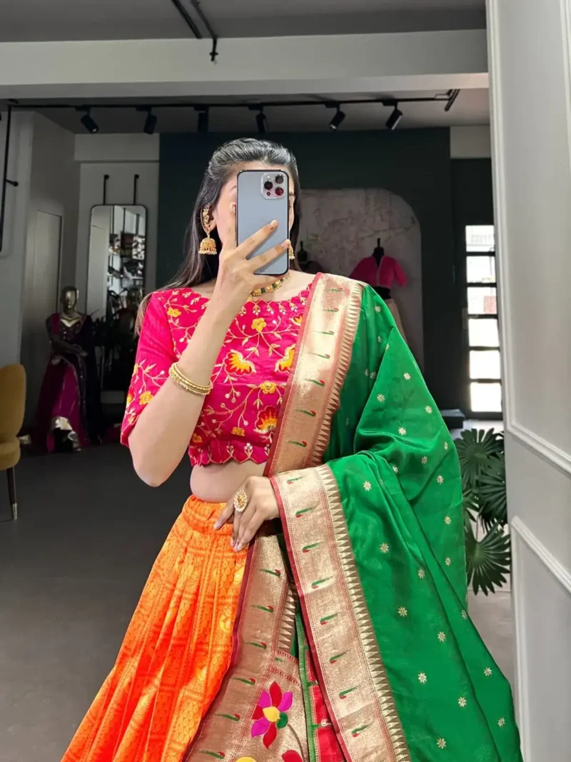 Orange Colour Maharashtrian Style Jacquard Paithani Lehenga Choli