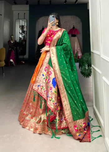 Orange Colour Maharashtrian Style Jacquard Paithani Lehenga Choli
