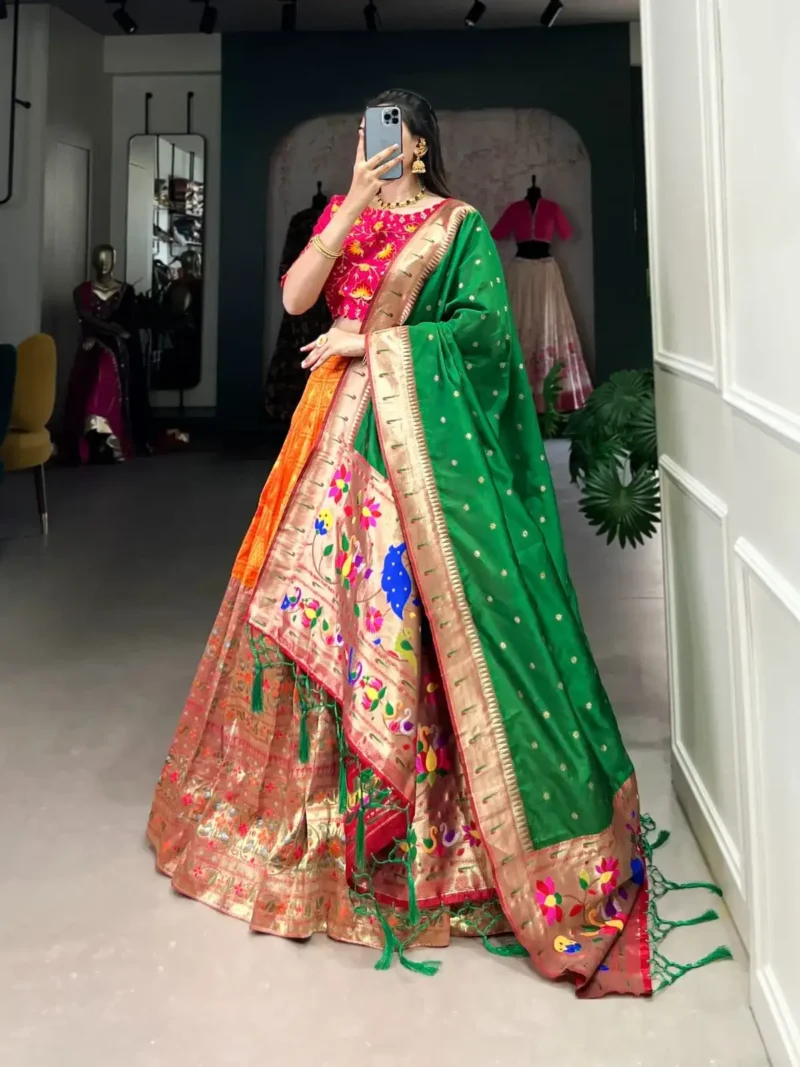 Orange Colour Maharashtrian Style Jacquard Paithani Lehenga Choli