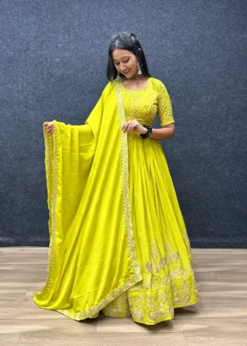 Parrot Green Chinon Embroidery Thread Work Designer gown