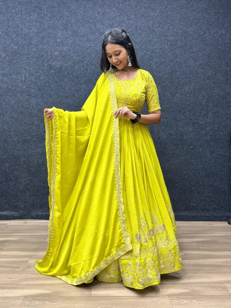 Parrot Green Chinon Embroidery Thread Work Designer gown