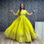 Parrot Green Chinon Embroidery Thread Work Designer gown