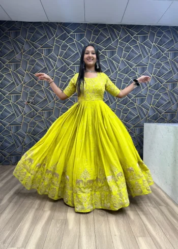 Parrot Green Chinon Embroidery Thread Work Designer gown