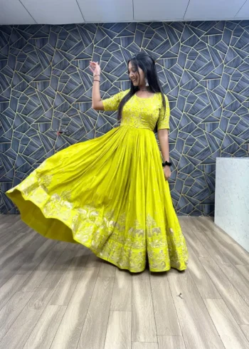 Parrot Green Chinon Embroidery Thread Work Designer gown