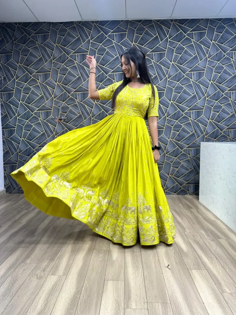 Parrot Green Chinon Embroidery Thread Work Designer gown