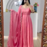 Peach Color Chinon Heavy Embroidery Sequence Work Designer Gown