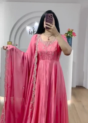 Peach Color Chinon Heavy Embroidery Sequence Work Designer Gown