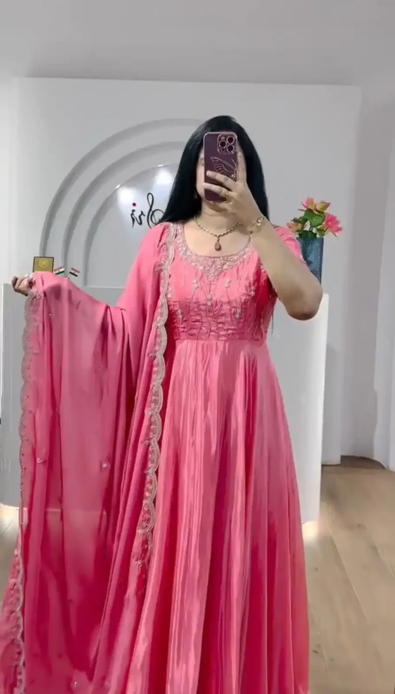 Peach Color Chinon Heavy Embroidery Sequence Work Designer Gown